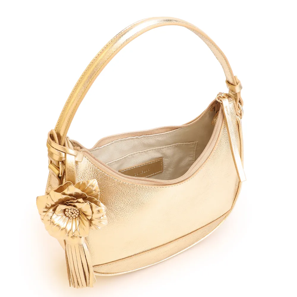 Bolsa De Mão Flor Couro Dourado - imagem 5