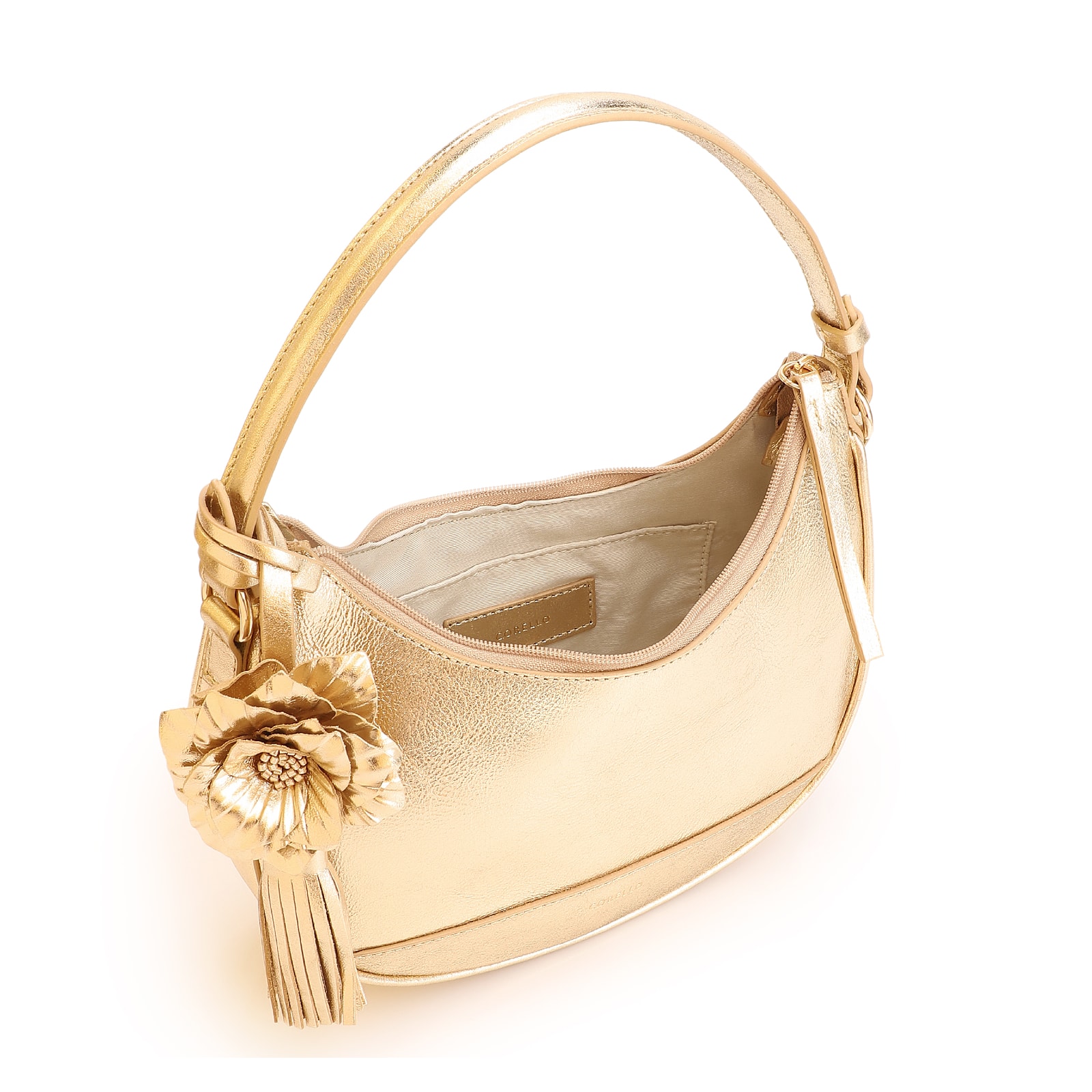 Bolsa De Mão Flor Couro Dourado