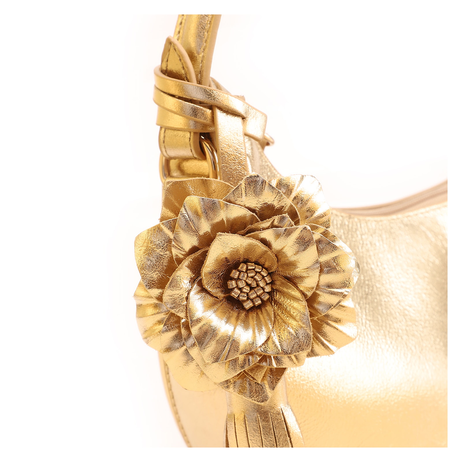 Bolsa De Mão Flor Couro Dourado