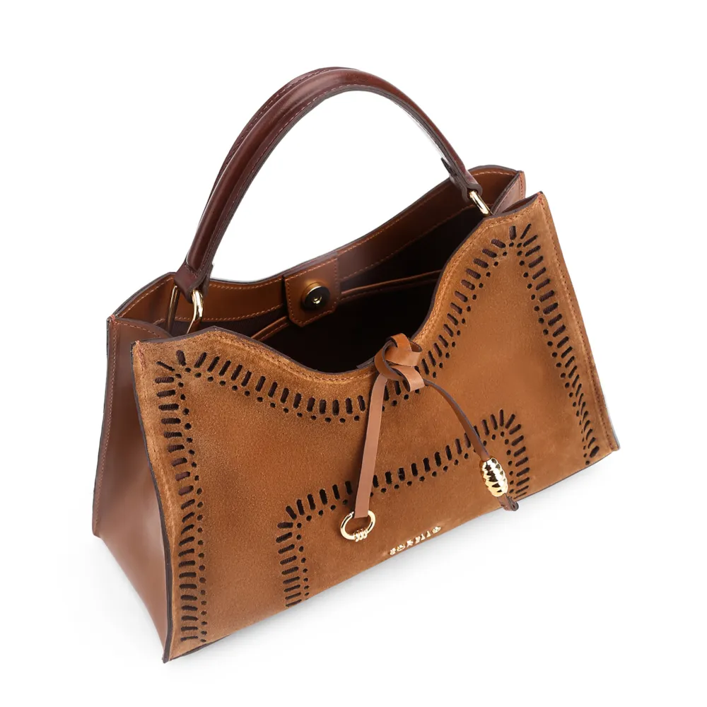 Bolsa De Mão Laser Cut Couro Camurça/Couro Marrom - imagem 4