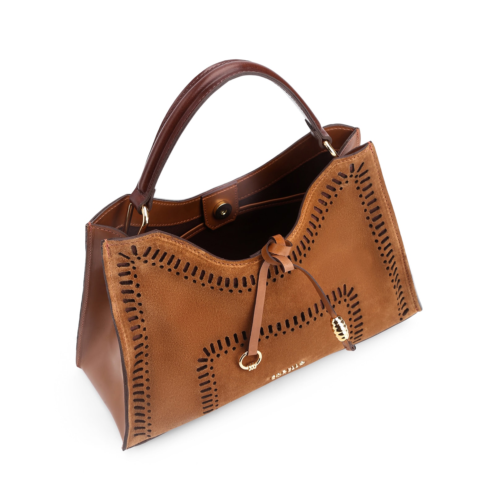 Bolsa De Mão Laser Cut Couro Camurça/Couro Marrom