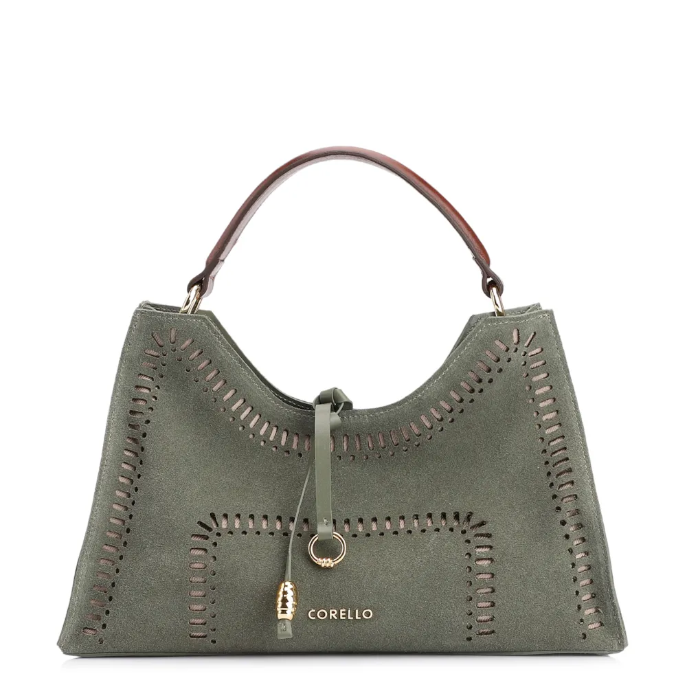 Bolsa De Mão Laser Cut Couro Camurça/Couro Verde