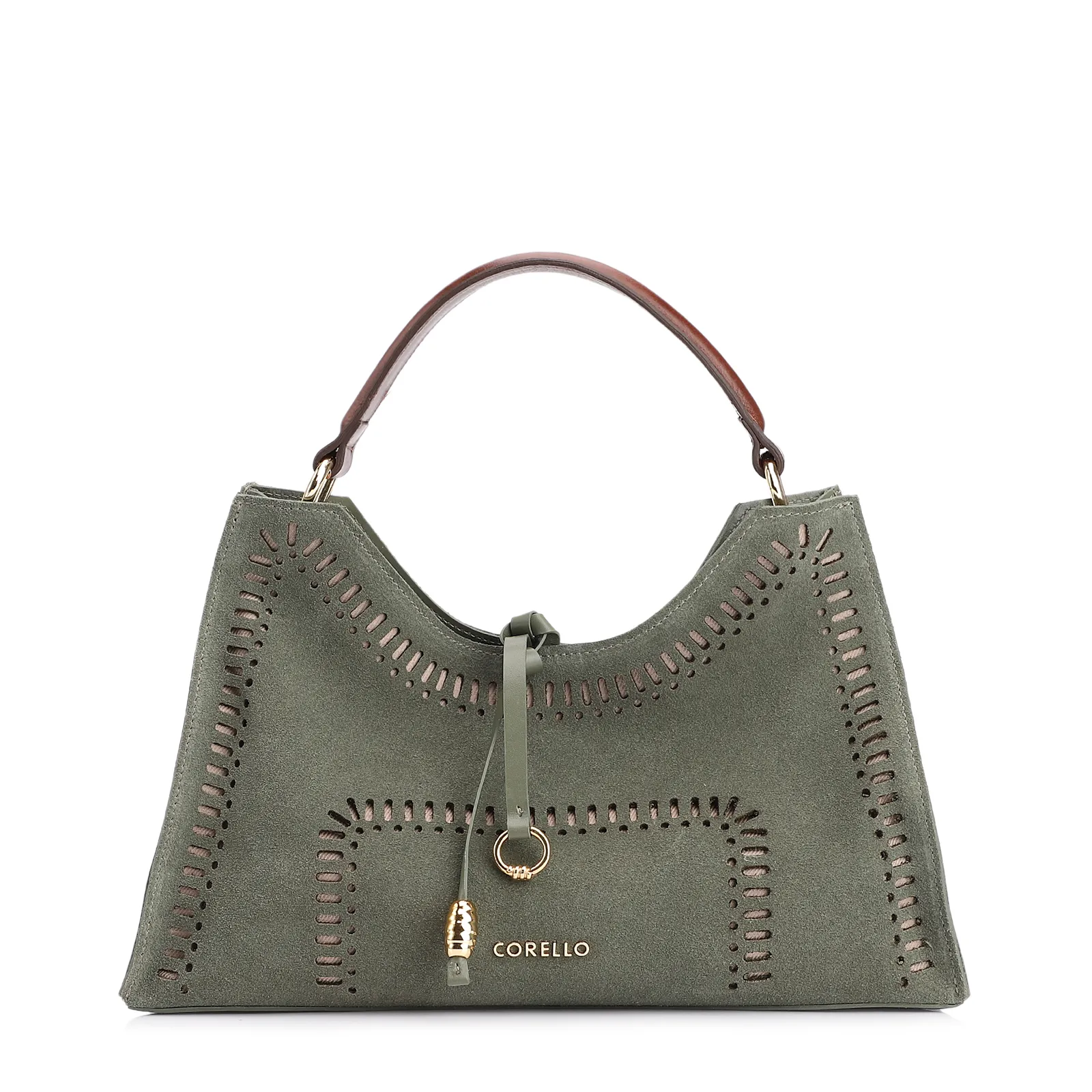 Bolsa De Mão Laser Cut Couro Camurça/Couro Verde