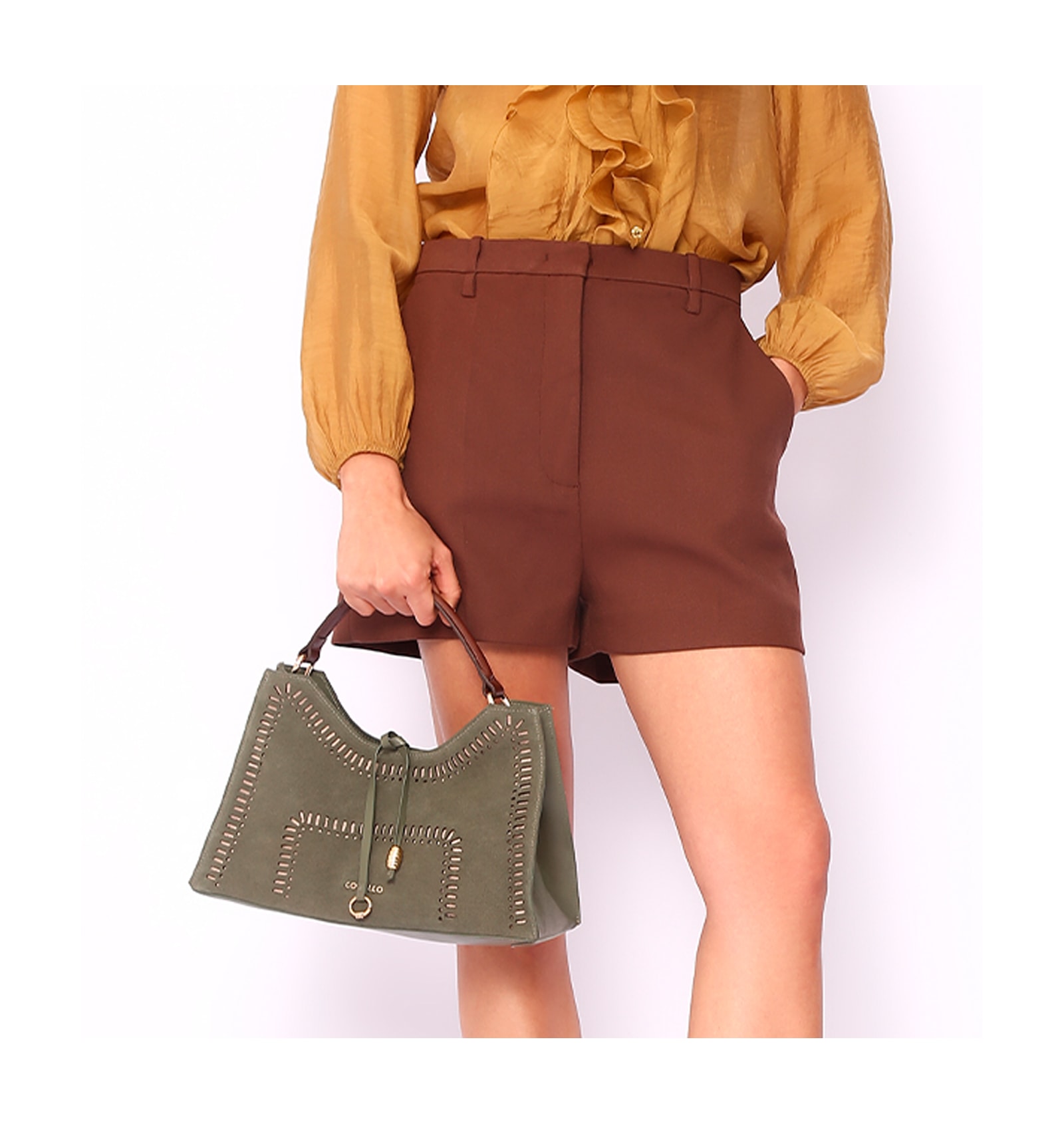 Bolsa De Mão Laser Cut Couro Camurça/Couro Verde