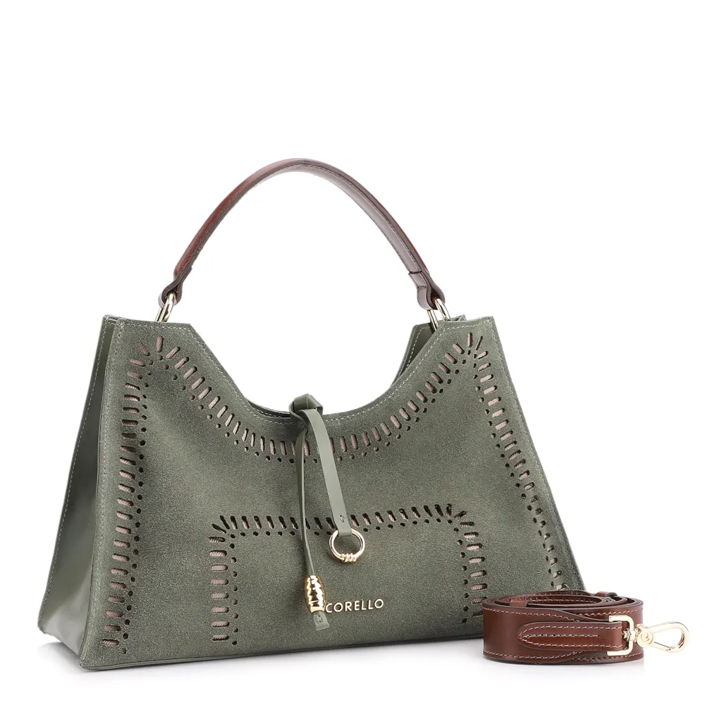 Bolsa De Mão Laser Cut Couro Camurça/Couro Verde - imagem 3