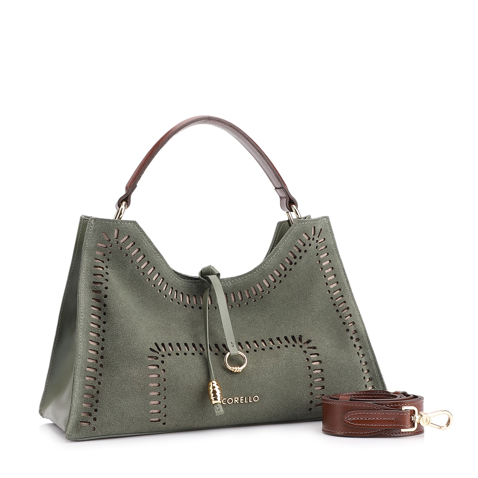Bolsa De Mão Laser Cut Couro Camurça/Couro Verde