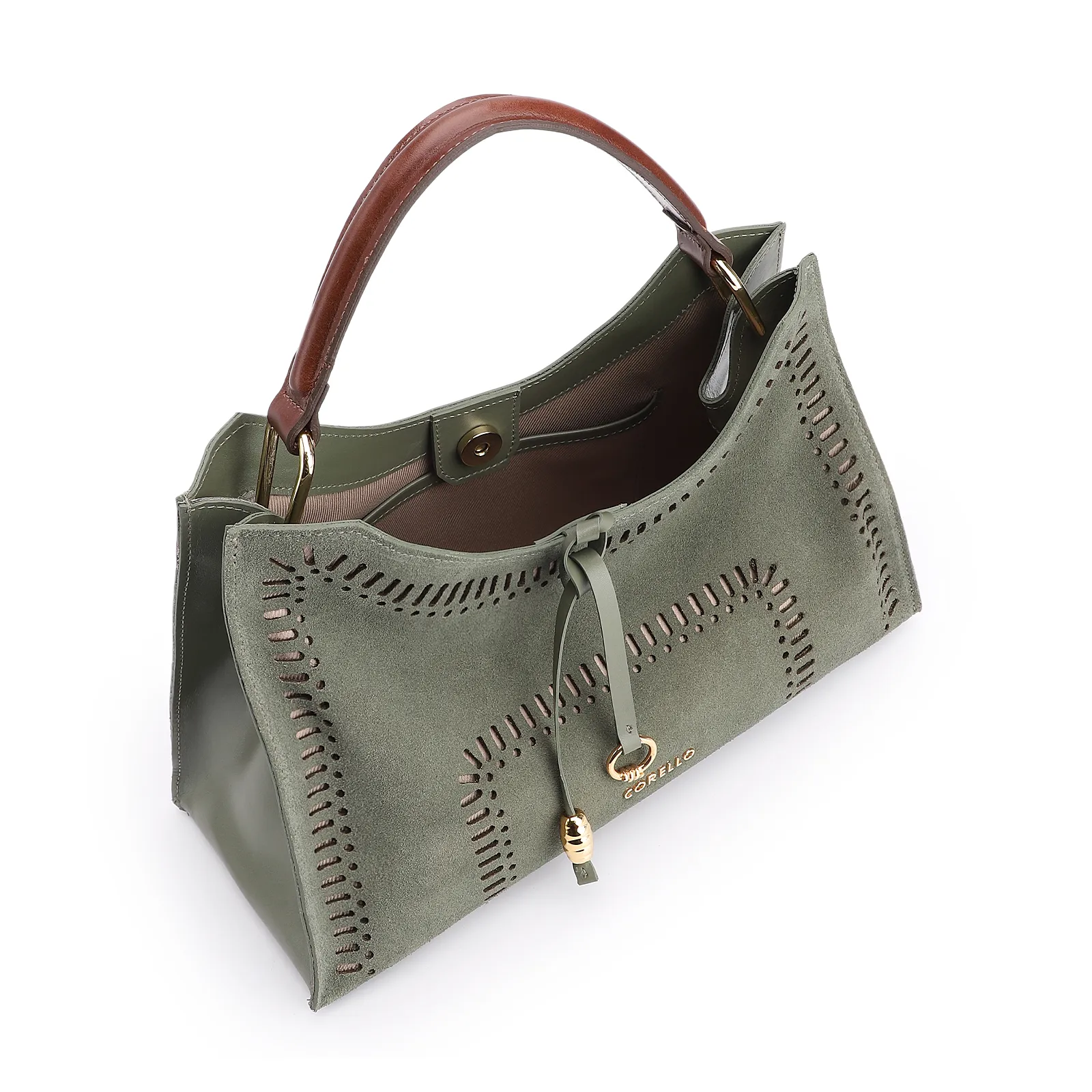 Bolsa De Mão Laser Cut Couro Camurça/Couro Verde