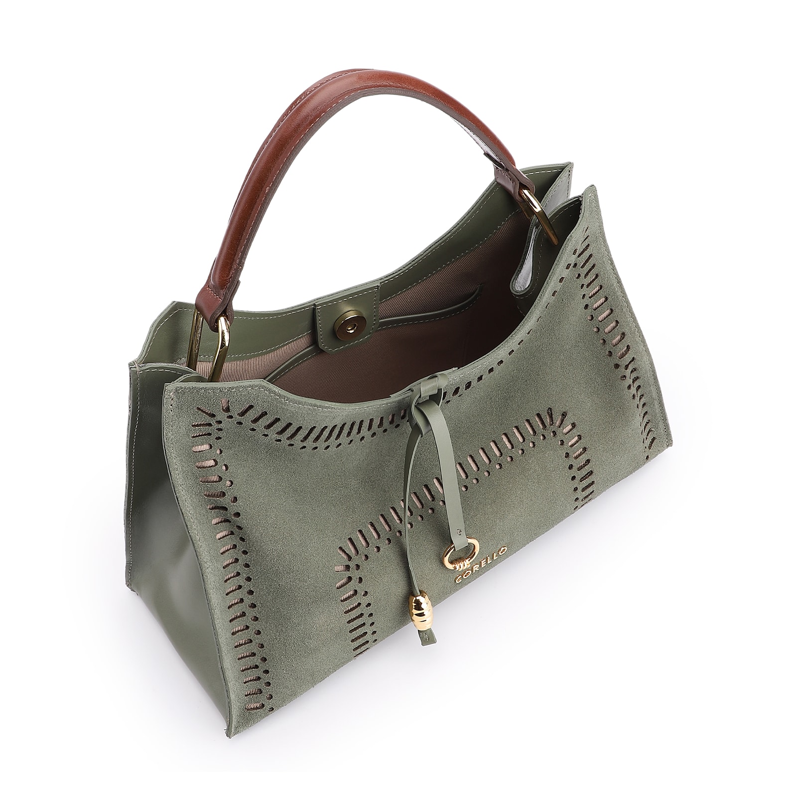 Bolsa De Mão Laser Cut Couro Camurça/Couro Verde