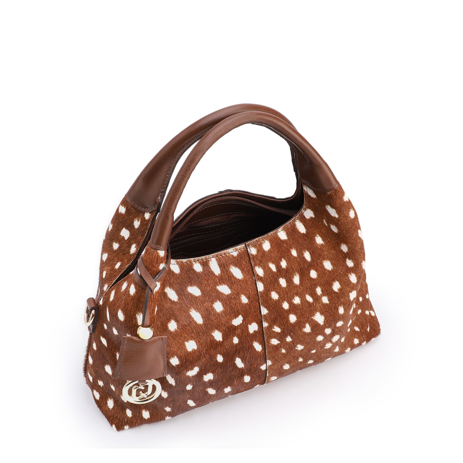 Bolsa De Mão Média Couro Marrom Animal Print Pelo
