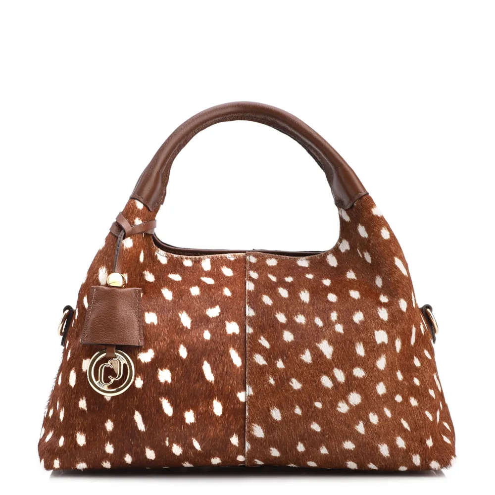 Bolsa De Mão Média Couro Marrom Animal Print Pelo