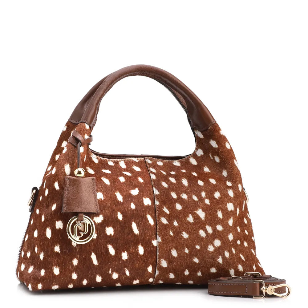 Bolsa De Mão Média Couro Marrom Animal Print Pelo - imagem 2