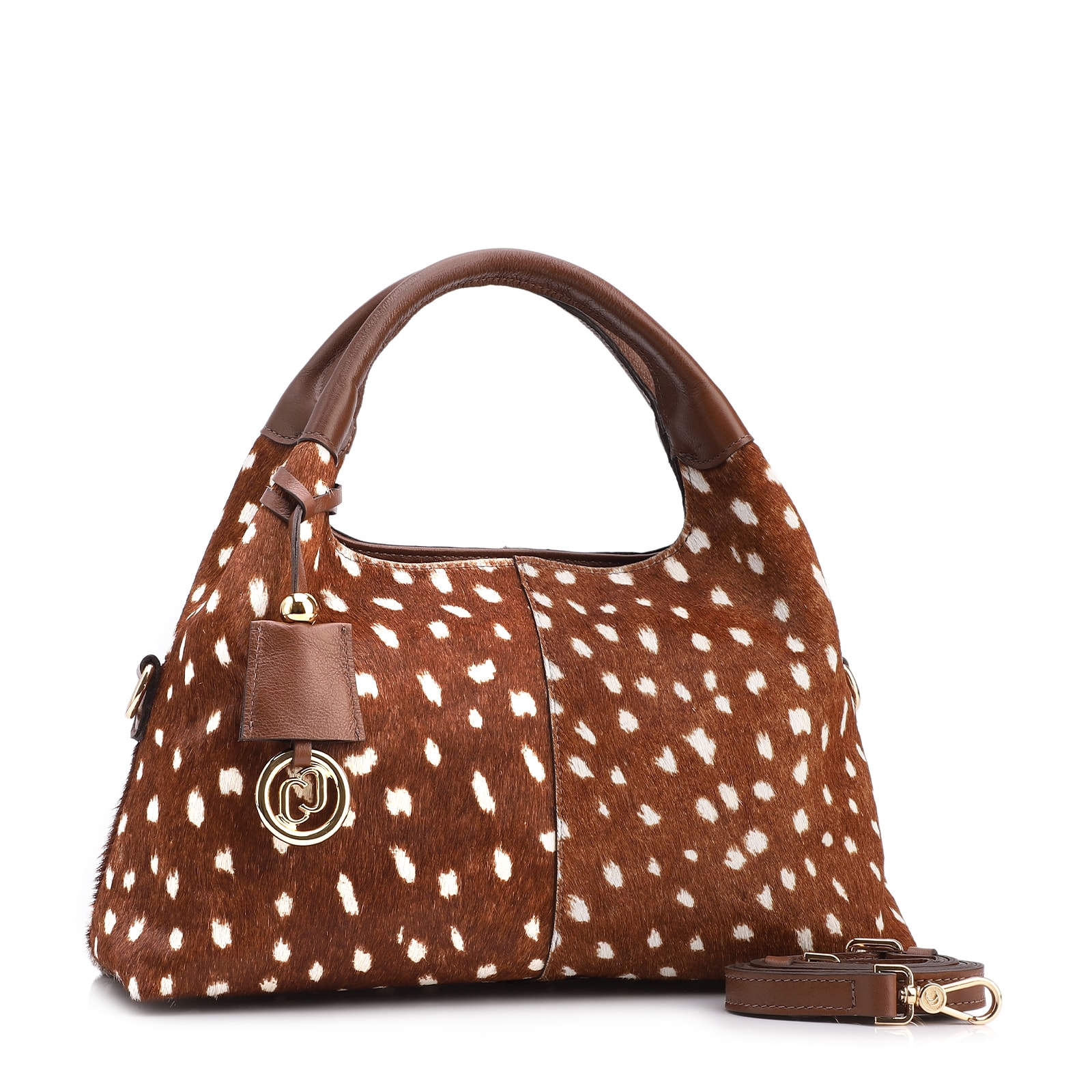 Bolsa De Mão Média Couro Marrom Animal Print Pelo