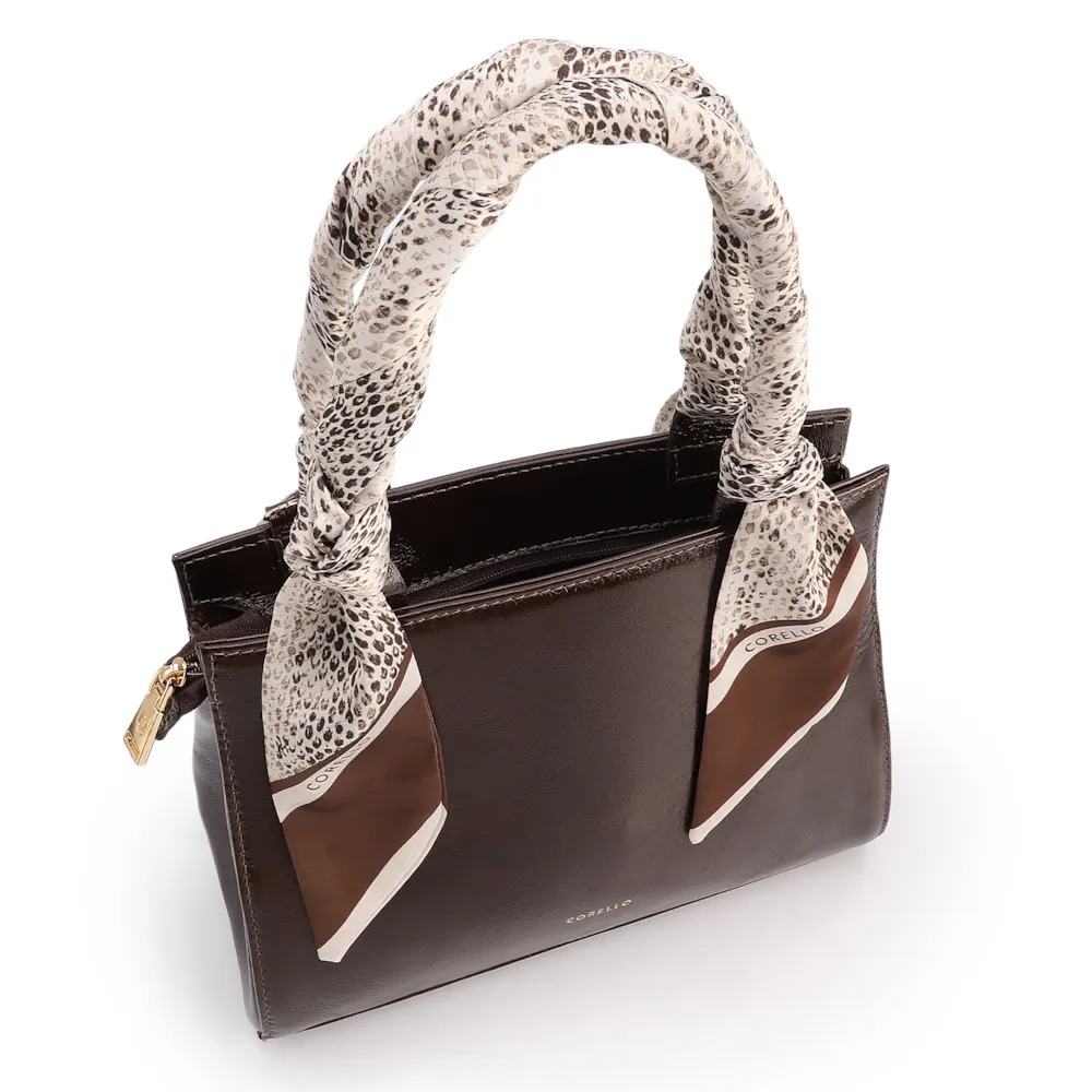Bolsa De Mão Média Couro Marrom Lenço Python - imagem 5