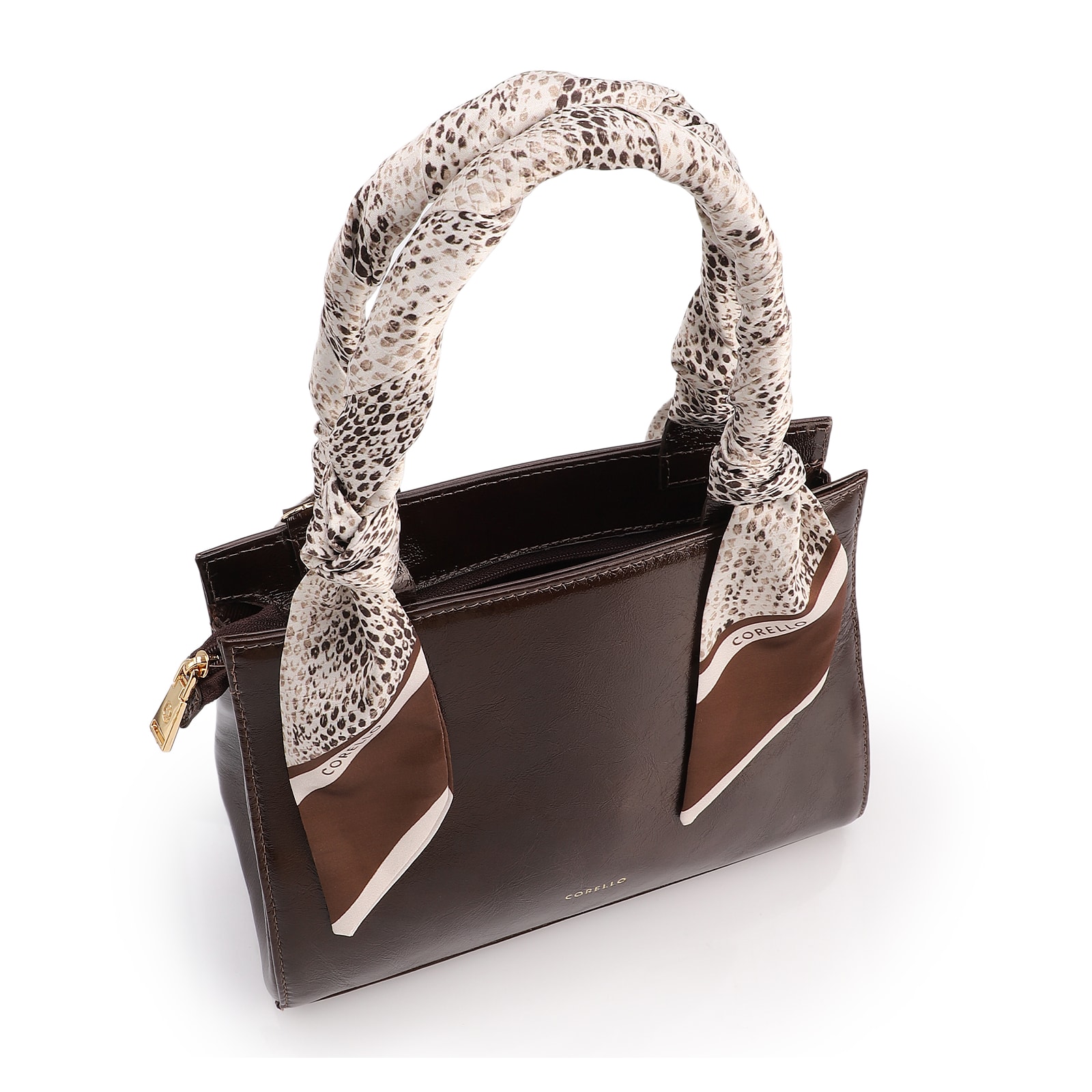 Bolsa De Mão Média Couro Marrom Lenço Python