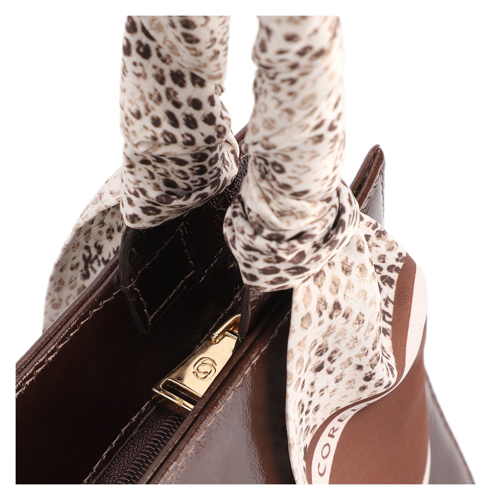 Bolsa De Mão Média Couro Marrom Lenço Python