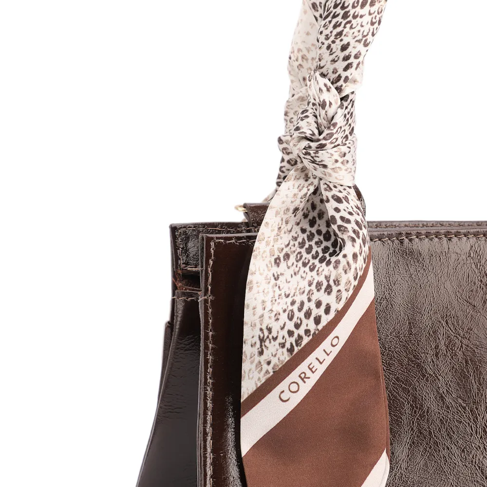 Bolsa De Mão Média Couro Marrom Lenço Python - imagem 7