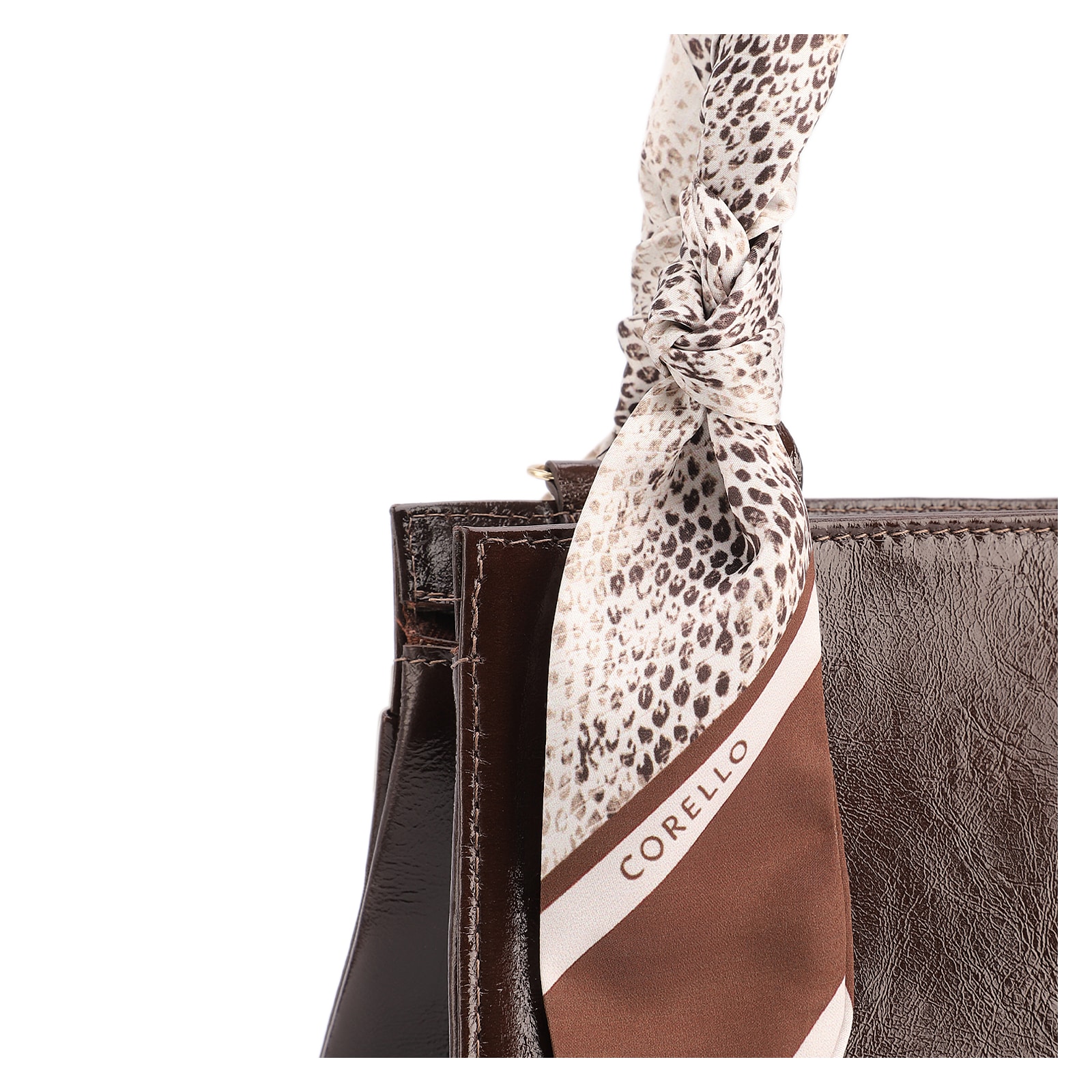 Bolsa De Mão Média Couro Marrom Lenço Python