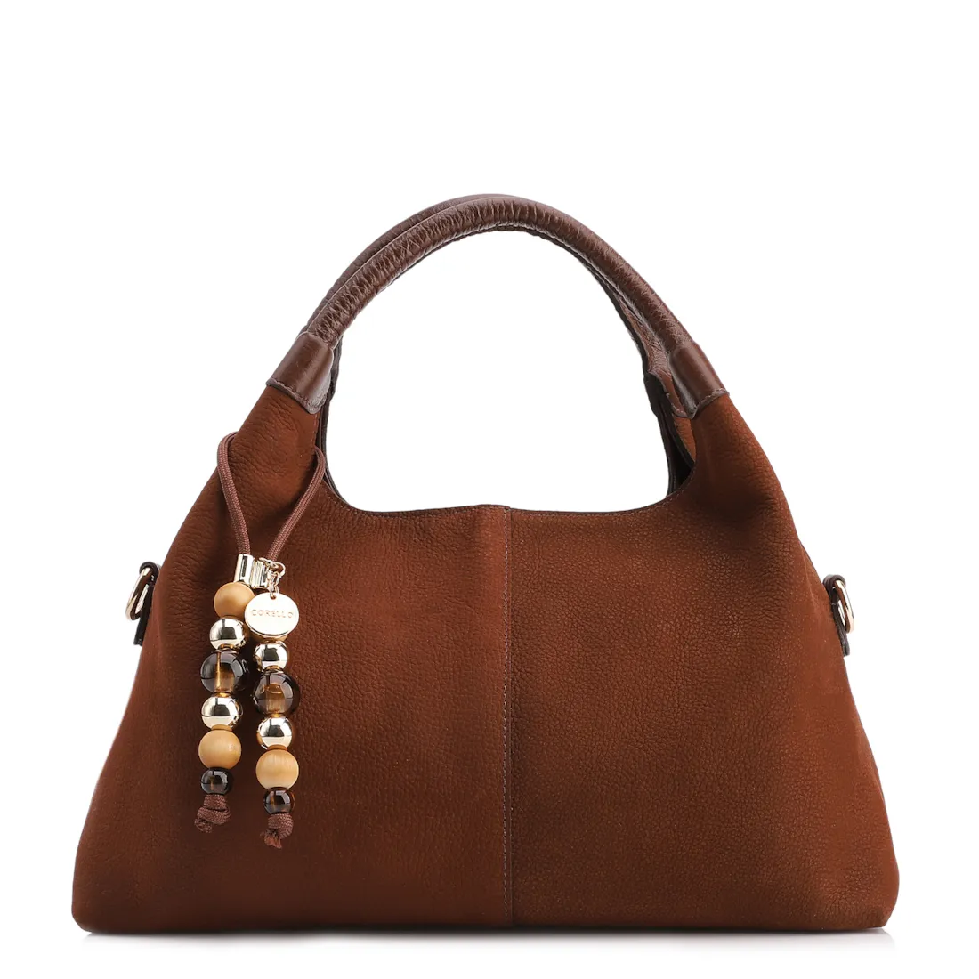 Bolsa De Mão Média Couro Nobuck Floater Marrom Miçangas