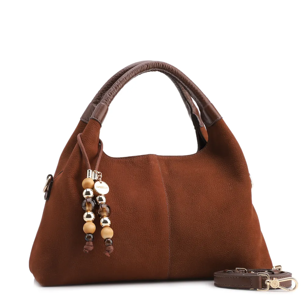 Bolsa De Mão Média Couro Nobuck Floater Marrom Miçangas - imagem 2
