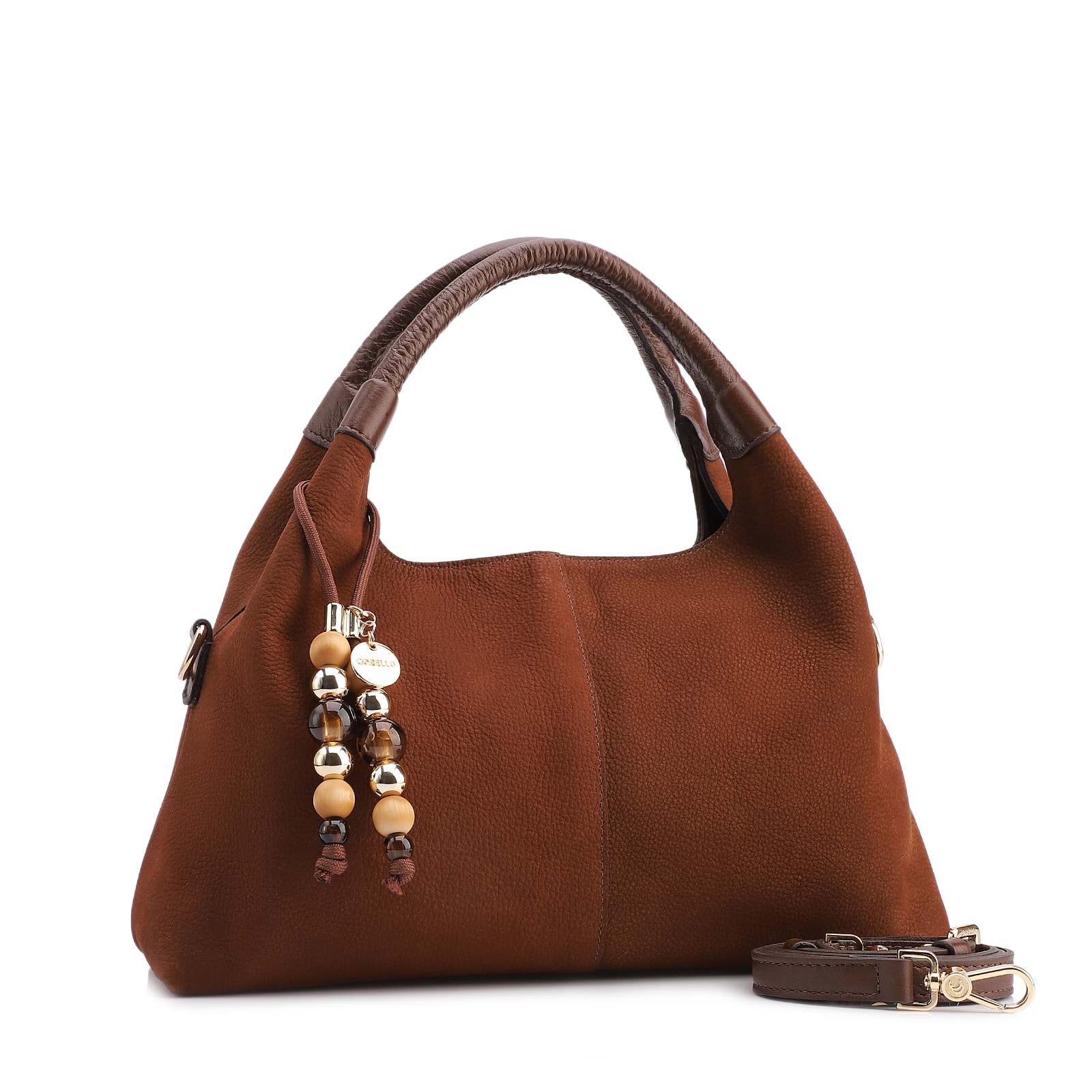 Bolsa De Mão Média Couro Nobuck Floater Marrom Miçangas