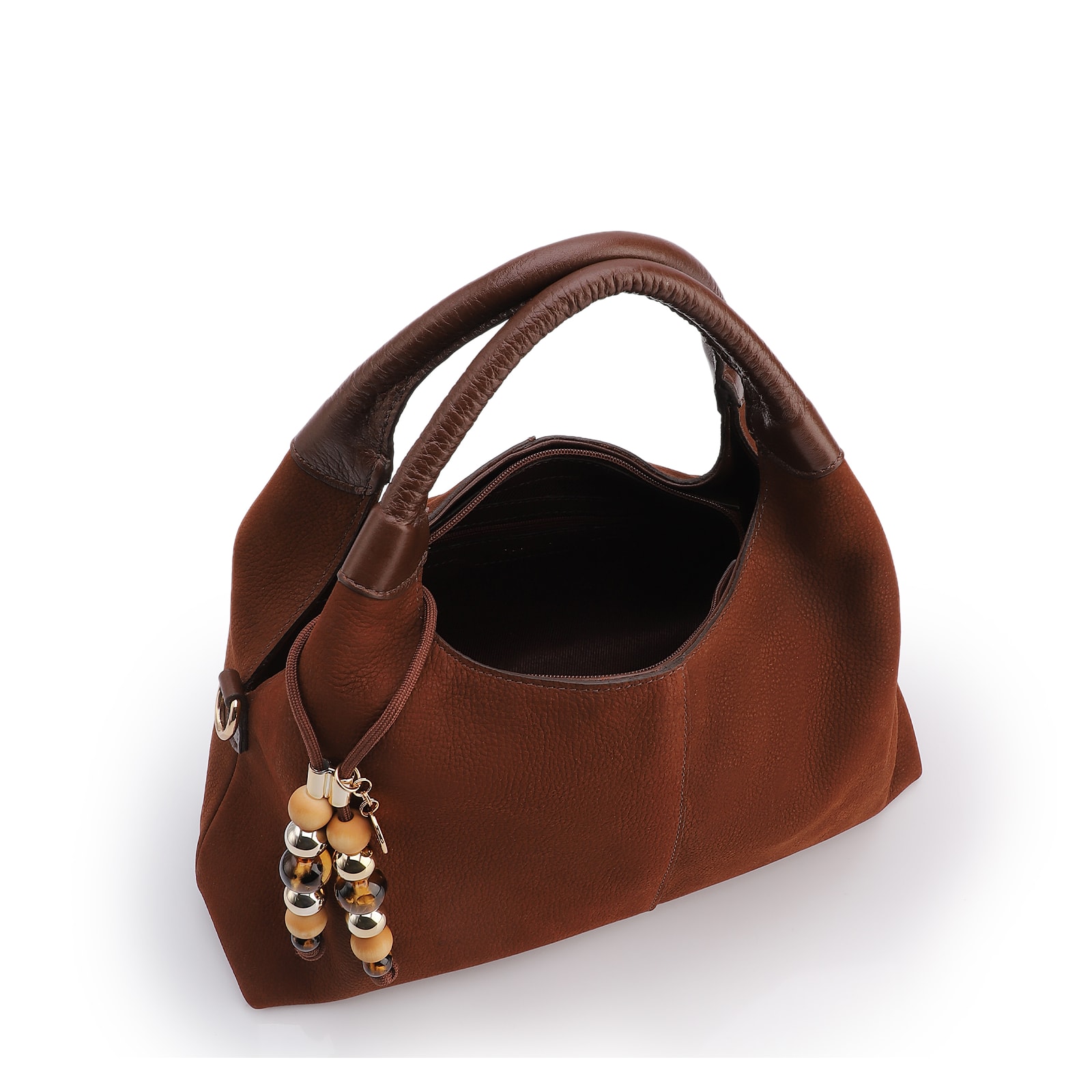 Bolsa De Mão Média Couro Nobuck Floater Marrom Miçangas