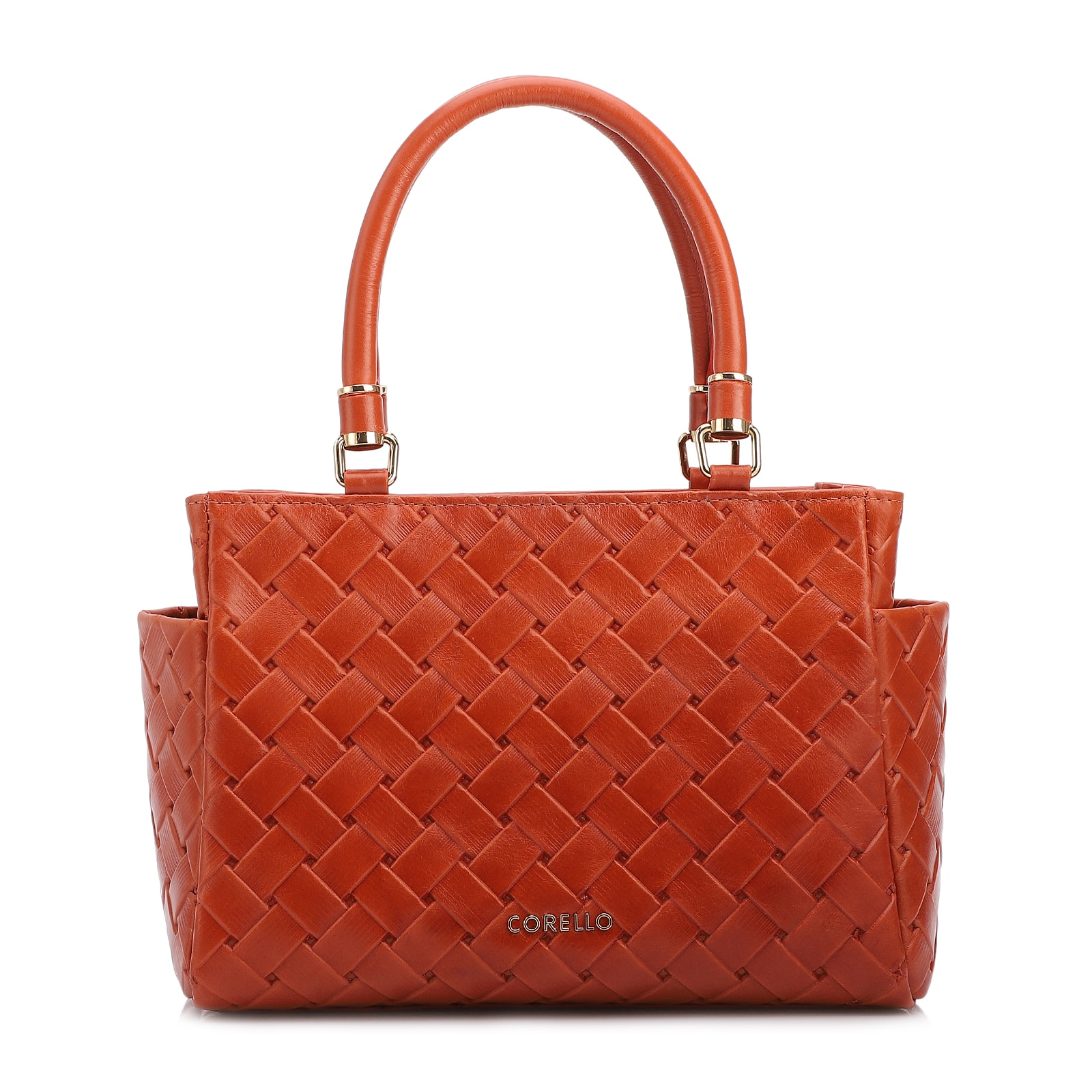 Bolsa De Mão Média Couro Textura Tressê Laranja Bolso Lateral