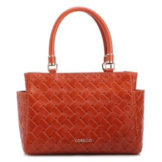 Média Couro textura tressê Laranja Bolso lateral
