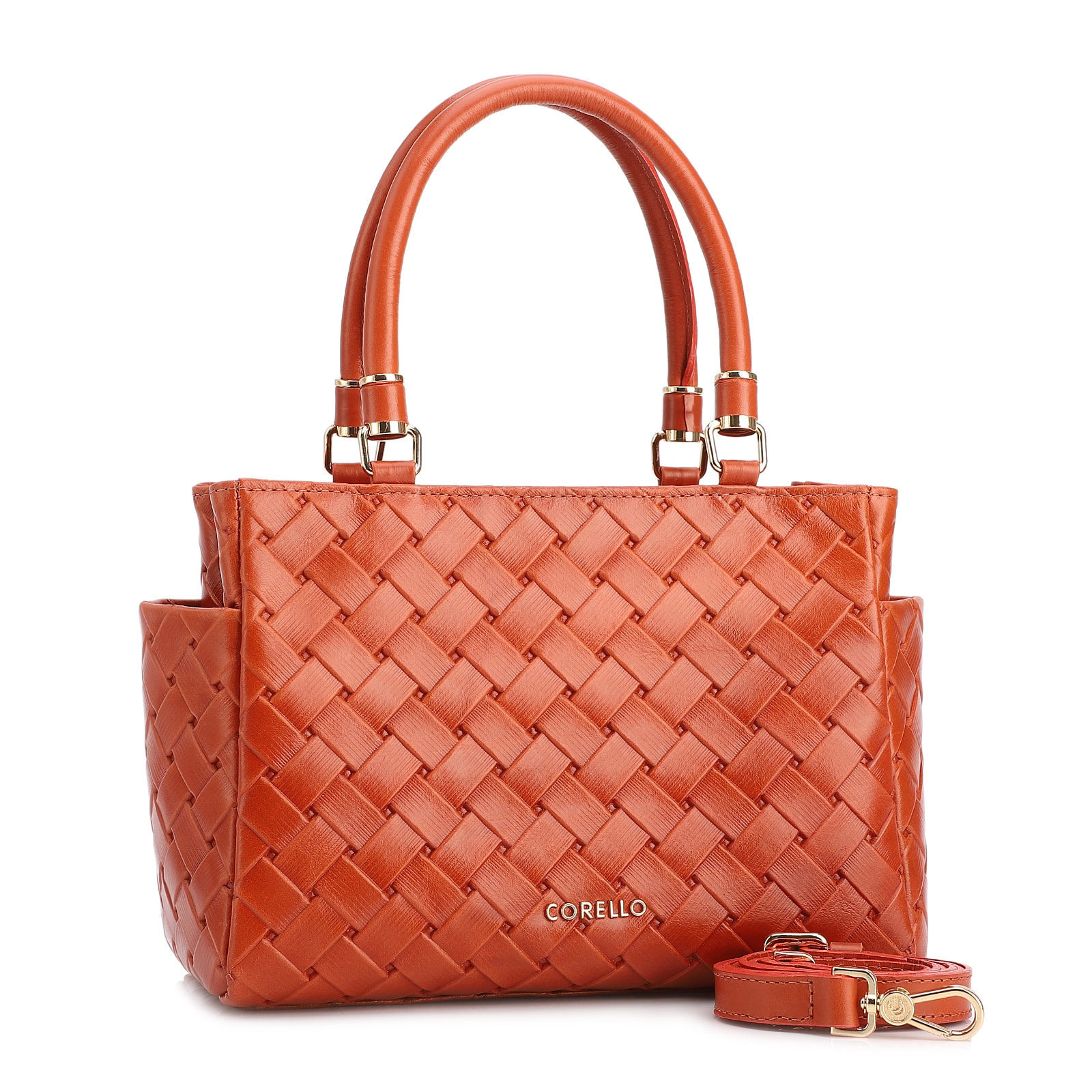 Bolsa De Mão Média Couro Textura Tressê Laranja Bolso Lateral