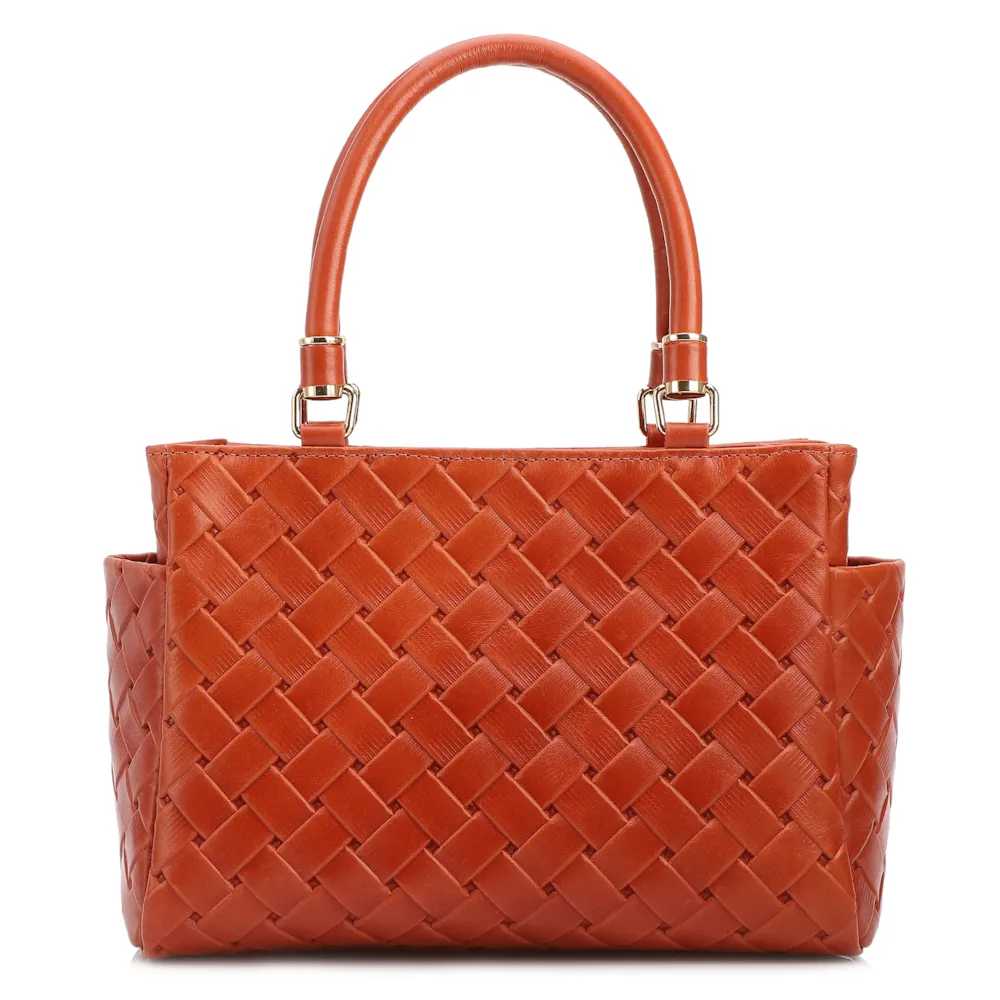 Bolsa De Mão Média Couro Textura Tressê Laranja Bolso Lateral - imagem 3