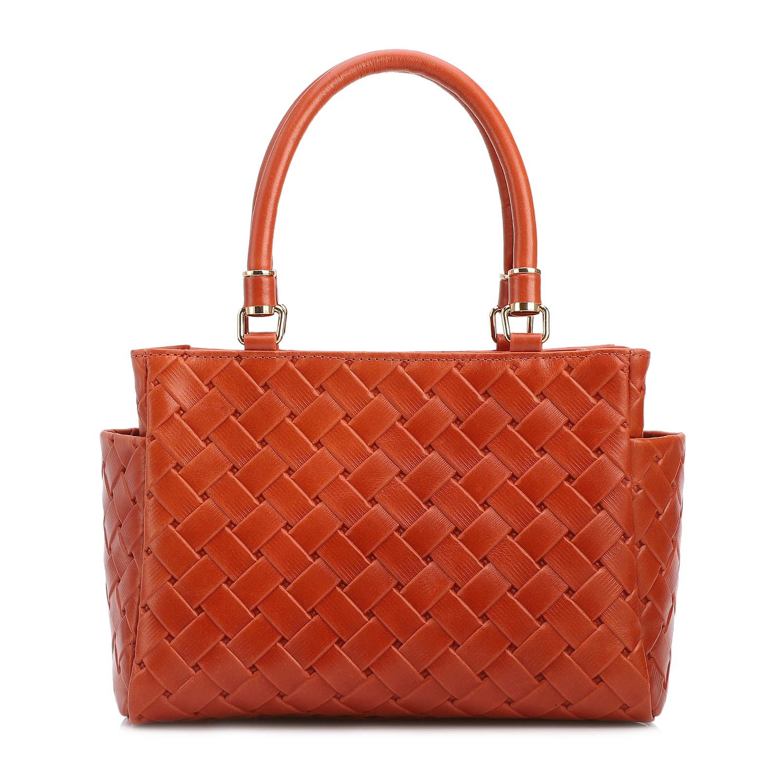 Bolsa De Mão Média Couro Textura Tressê Laranja Bolso Lateral
