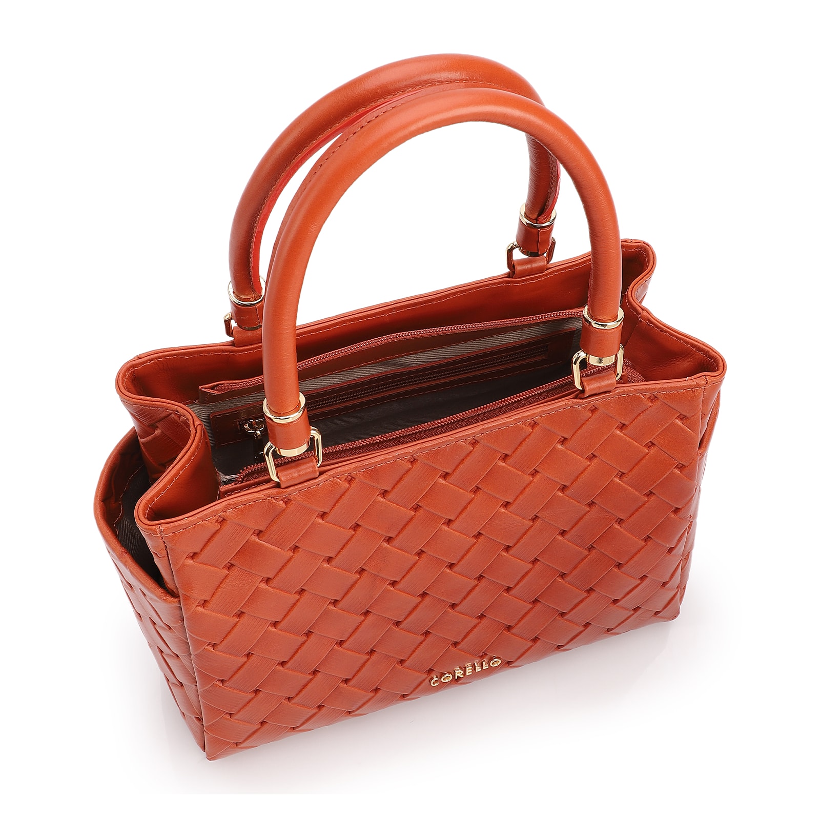 Bolsa De Mão Média Couro Textura Tressê Laranja Bolso Lateral