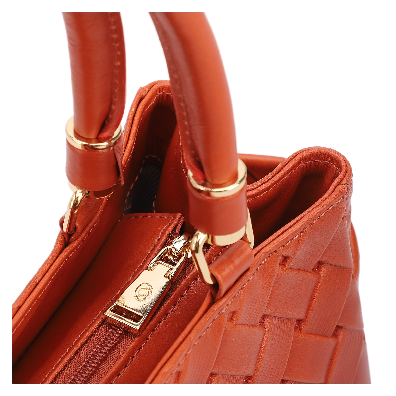 Bolsa De Mão Média Couro Textura Tressê Laranja Bolso Lateral