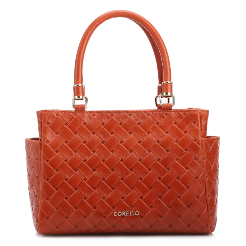 Bolsa De Mão Média Couro Textura Tressê Laranja Bolso Lateral