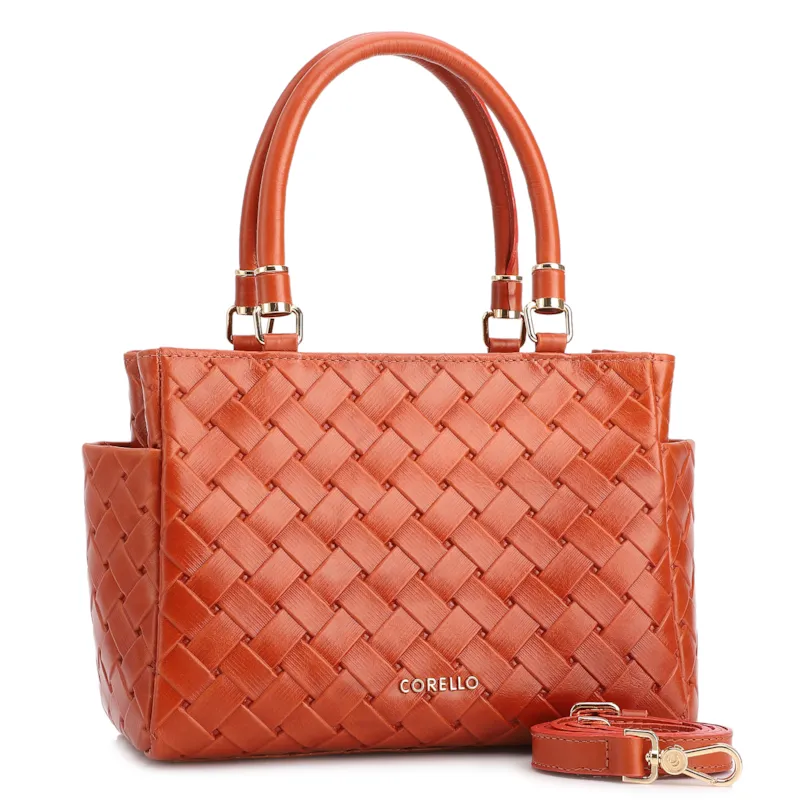 Bolsa De Mão Média Couro Textura Tressê Laranja Bolso Lateral - foto 2