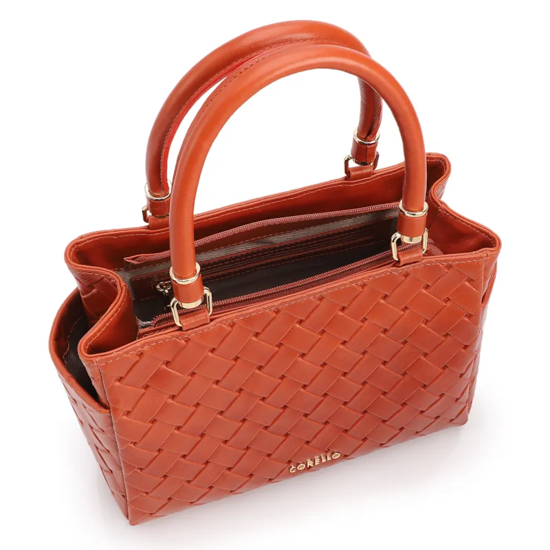 Bolsa De Mão Média Couro Textura Tressê Laranja Bolso Lateral - foto 4