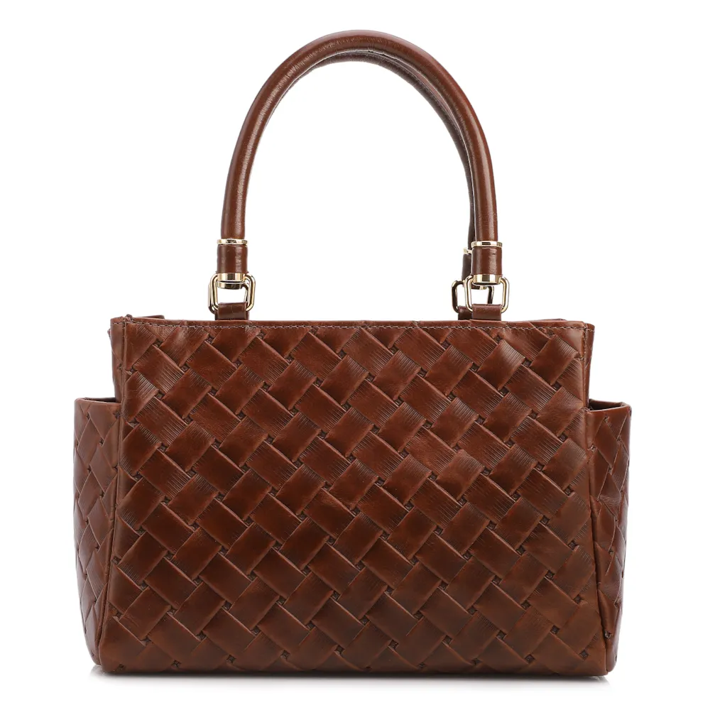 Bolsa De Mão Média Couro Textura Tressê Marrom Bolso Lateral - imagem 3