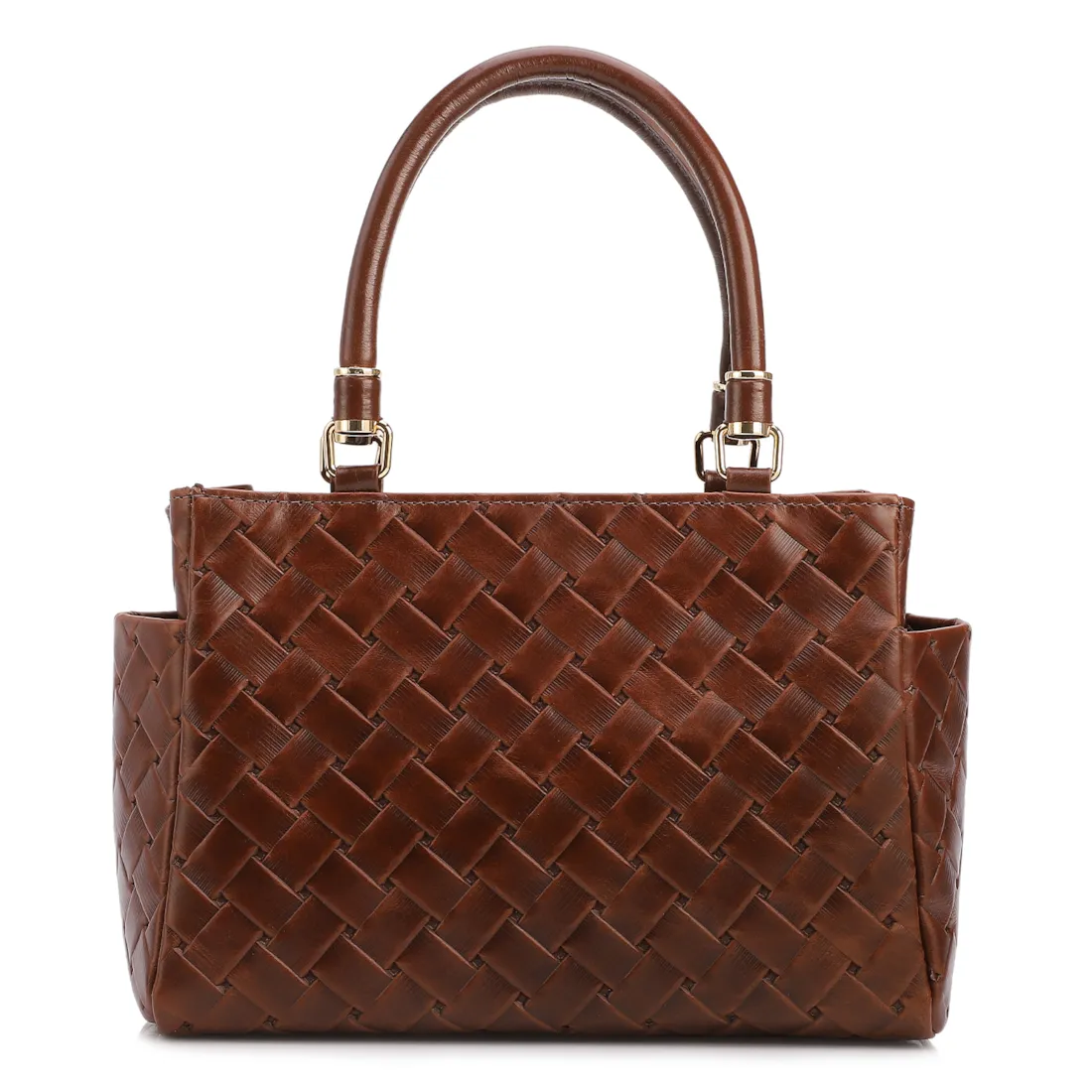 Bolsa De Mão Média Couro Textura Tressê Marrom Bolso Lateral - foto 3