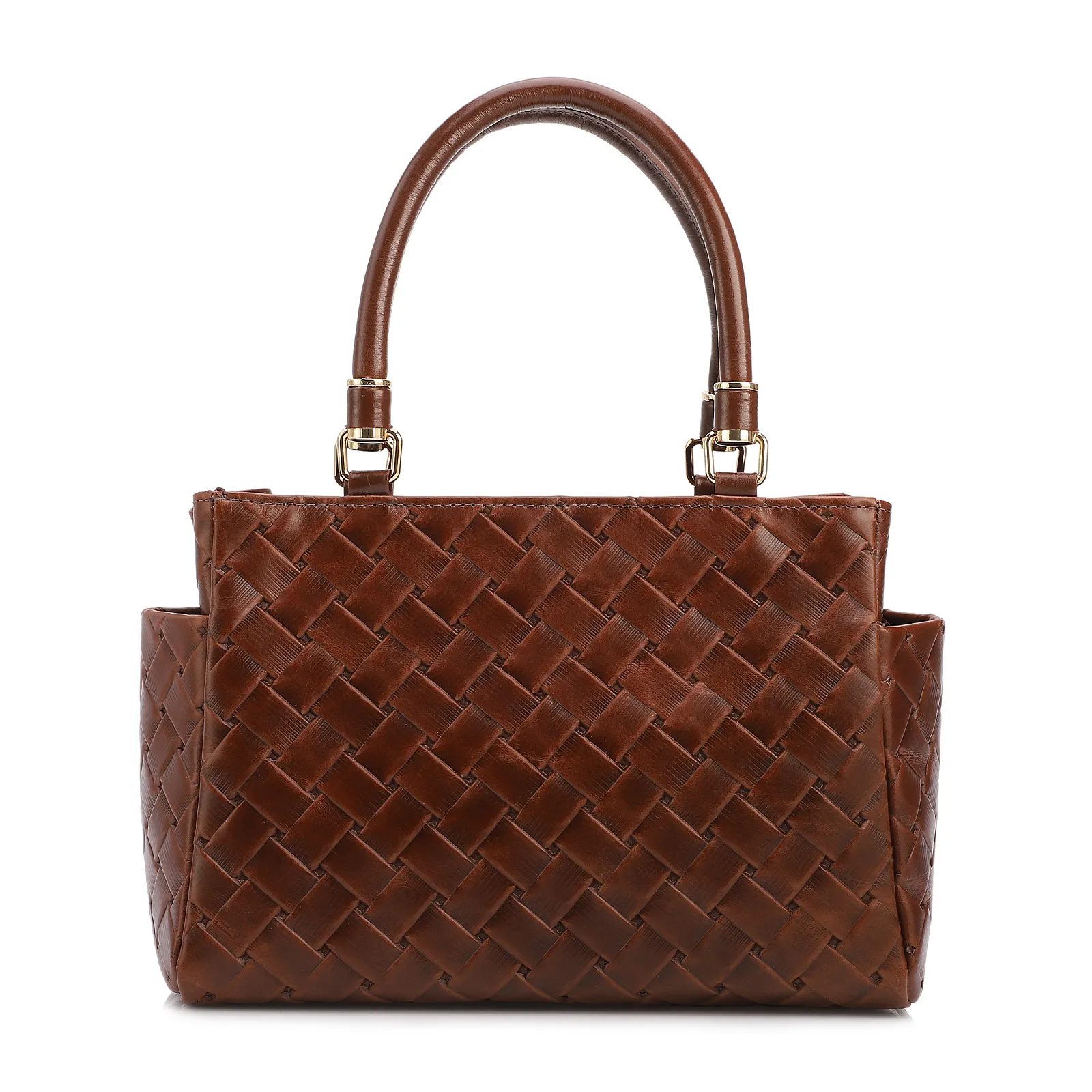 Bolsa De Mão Média Couro Textura Tressê Marrom Bolso Lateral