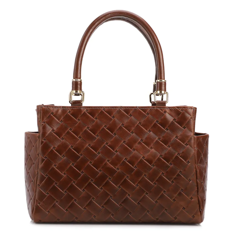 Bolsa De Mão Média Couro Textura Tressê Marrom Bolso Lateral - foto 3