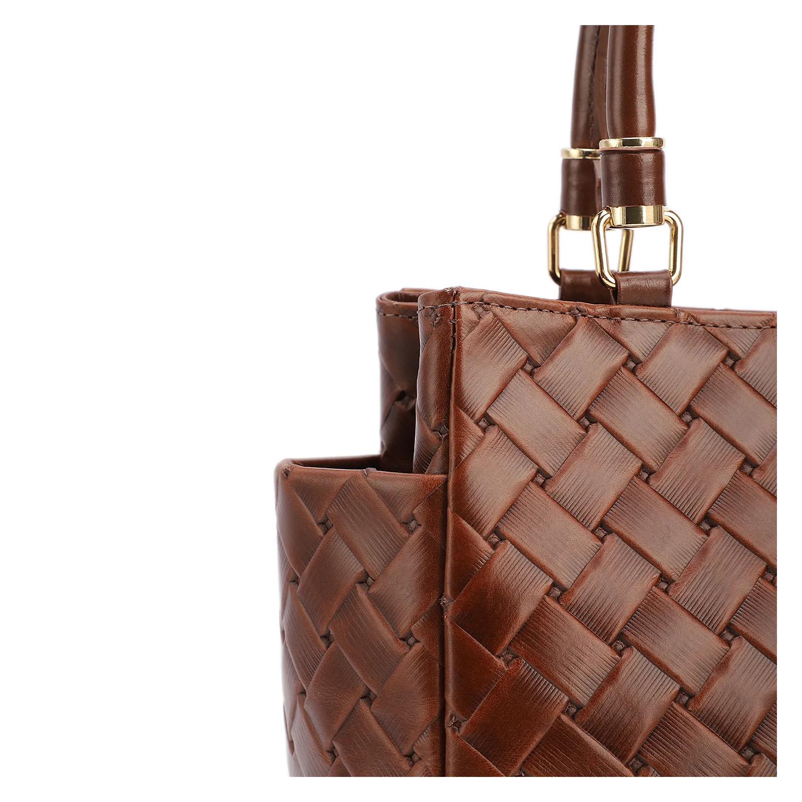 Bolsa De Mão Média Couro Textura Tressê Marrom Bolso Lateral