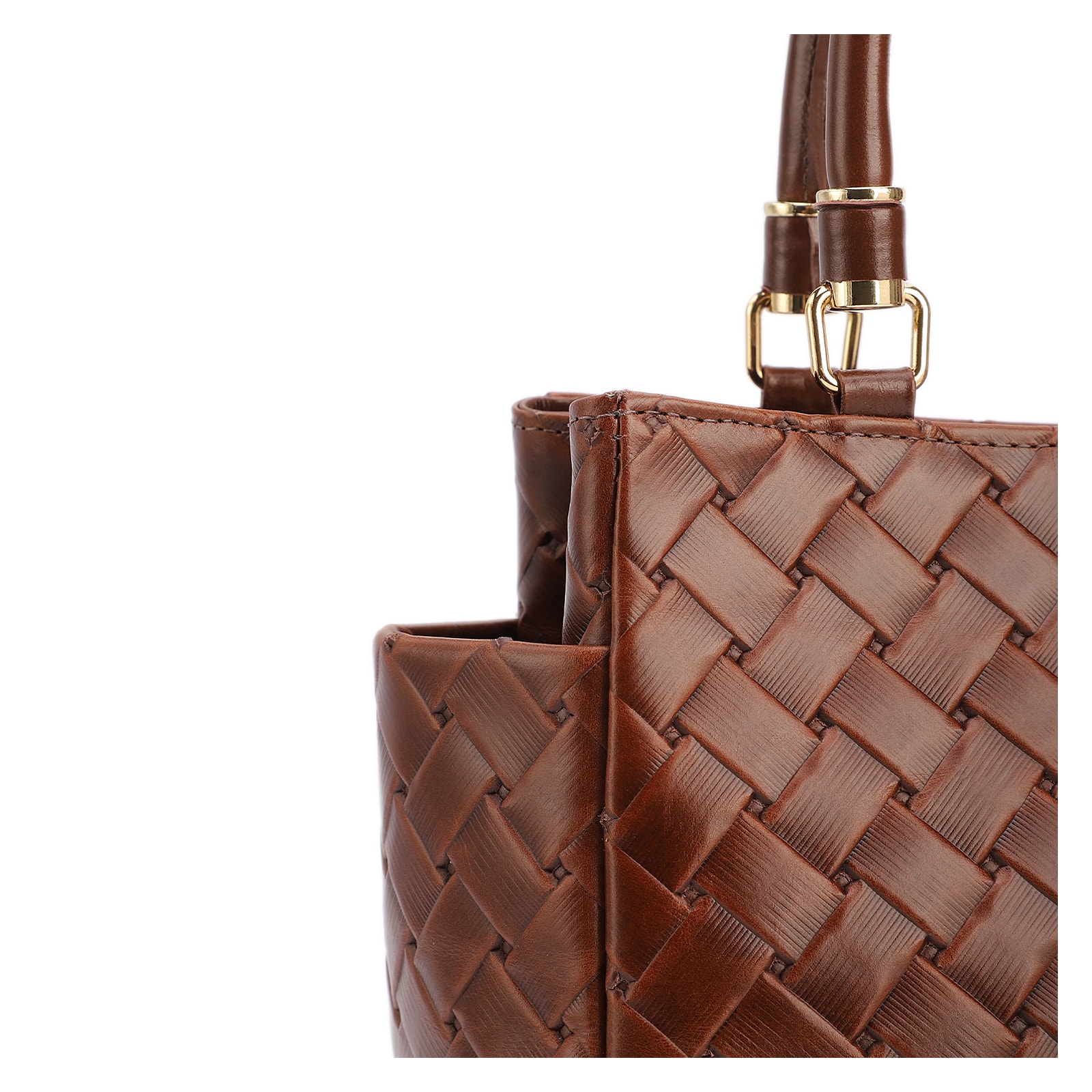 Bolsa De Mão Média Couro Textura Tressê Marrom Bolso Lateral
