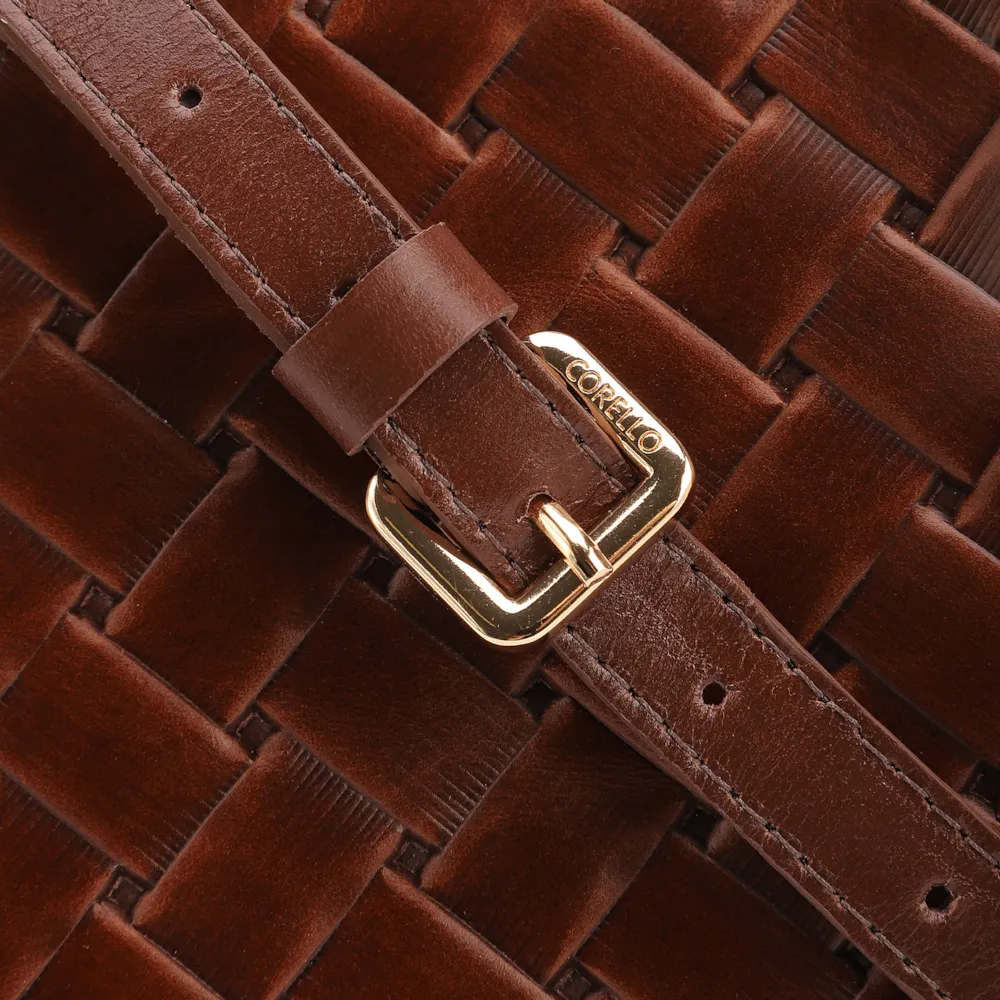 Bolsa De Mão Média Couro Textura Tressê Marrom Bolso Lateral - imagem 8