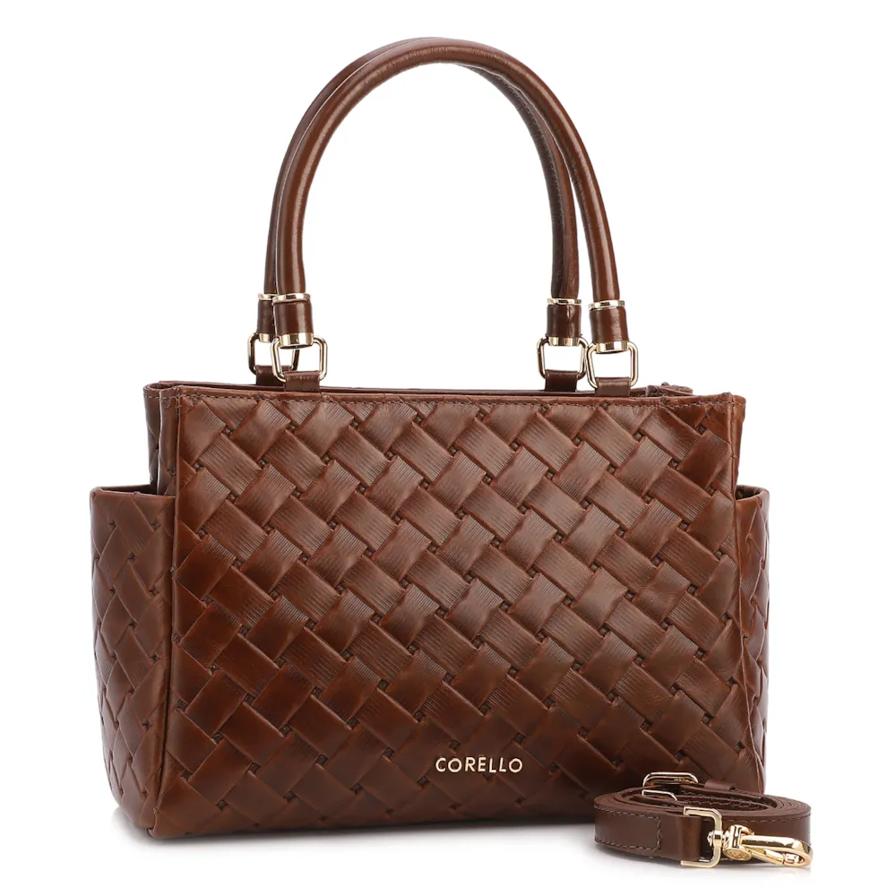 Bolsa De Mão Média Couro Textura Tressê Marrom Bolso Lateral - imagem 2