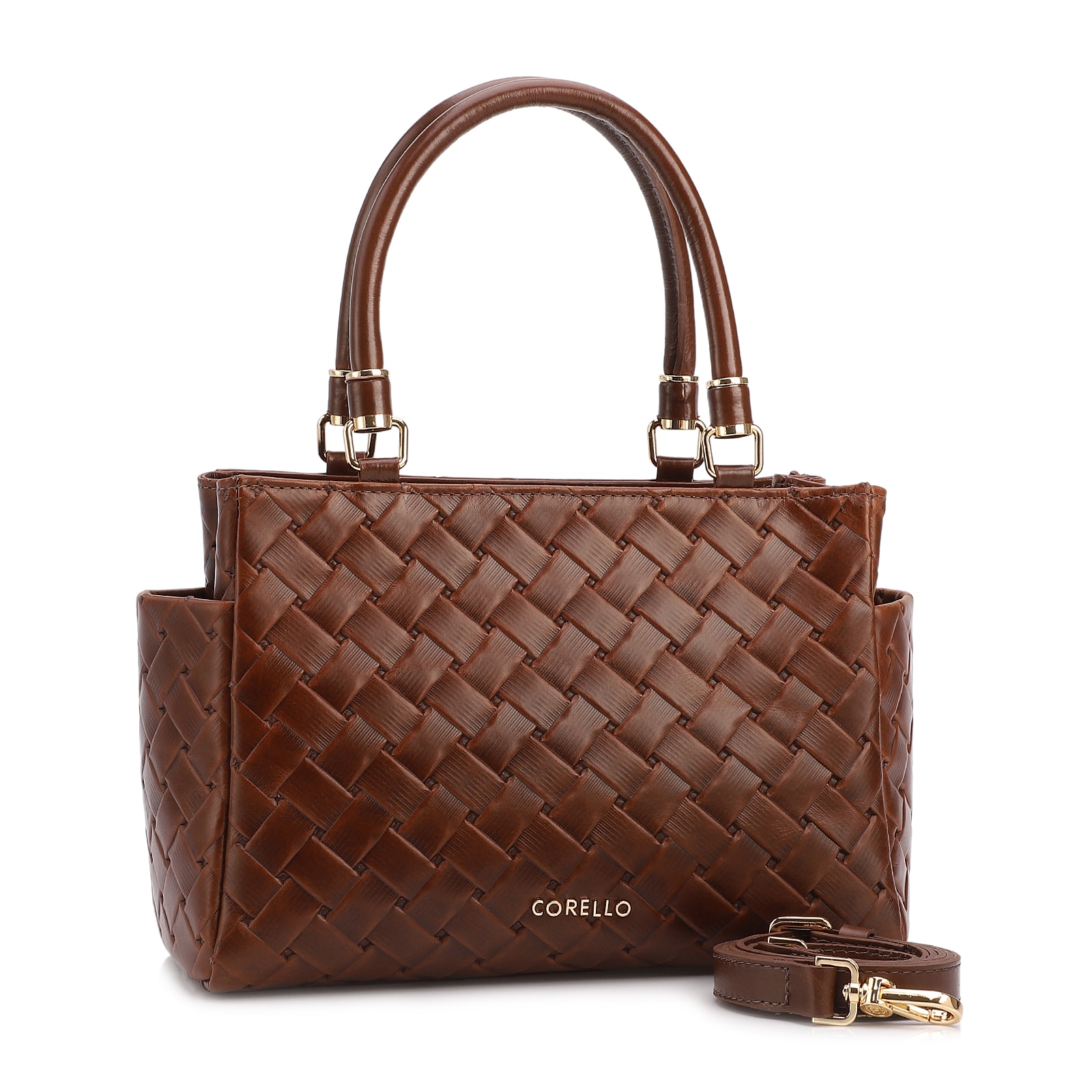Bolsa De Mão Média Couro Textura Tressê Marrom Bolso Lateral