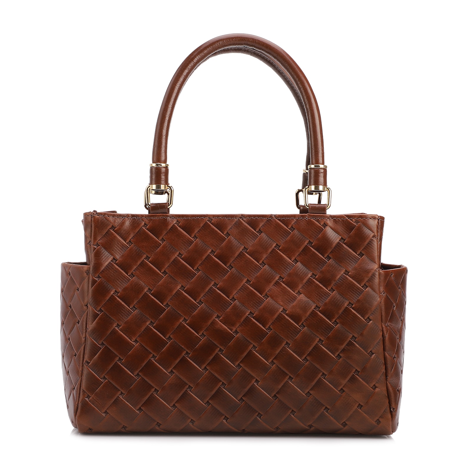 Bolsa De Mão Média Couro Textura Tressê Marrom Bolso Lateral