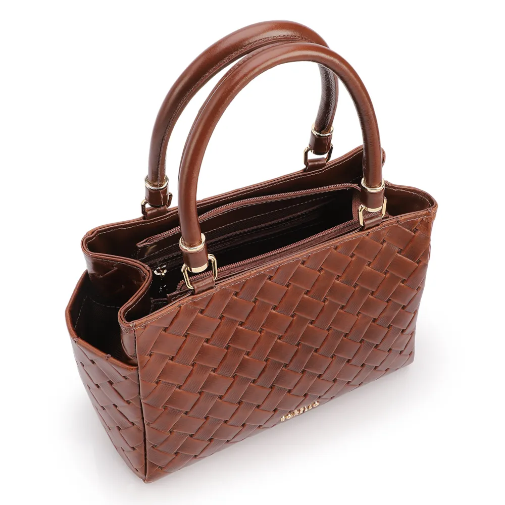 Bolsa De Mão Média Couro Textura Tressê Marrom Bolso Lateral - imagem 4