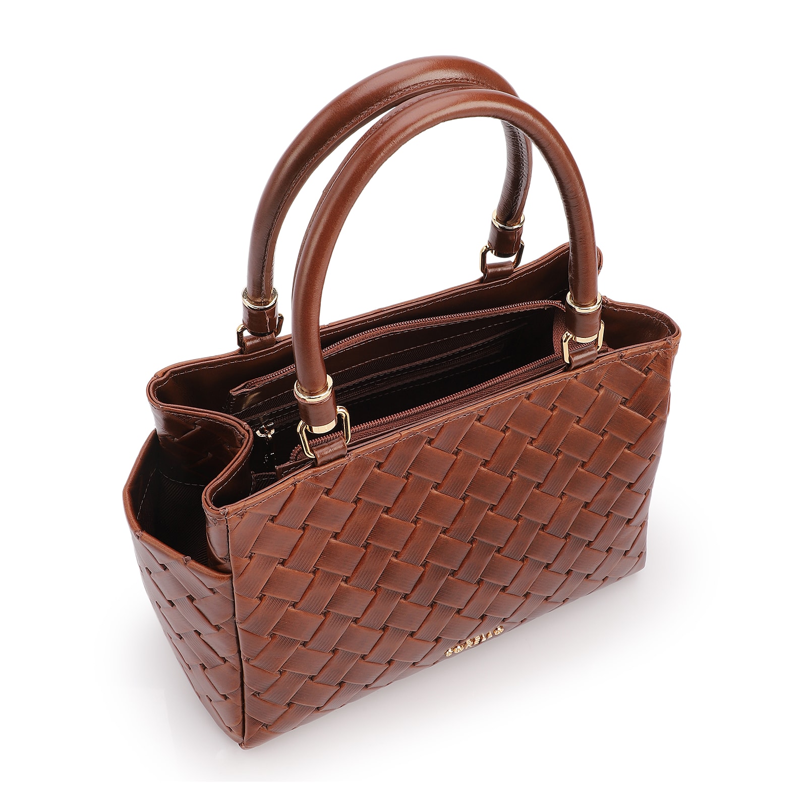 Bolsa De Mão Média Couro Textura Tressê Marrom Bolso Lateral