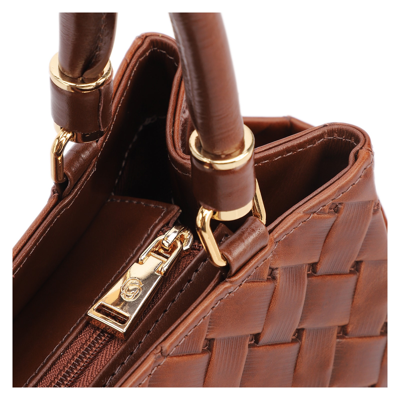 Bolsa De Mão Média Couro Textura Tressê Marrom Bolso Lateral