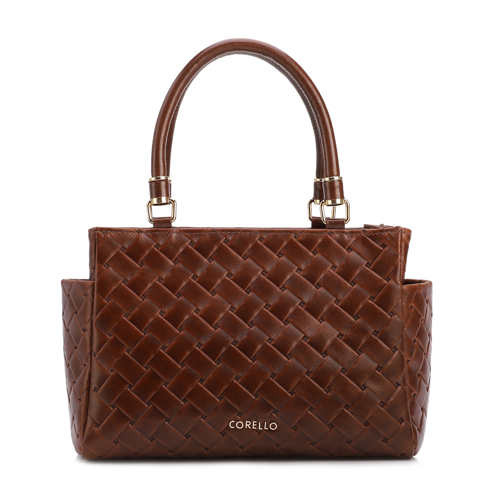 Bolsa De Mão Média Couro Textura Tressê Marrom Bolso Lateral
