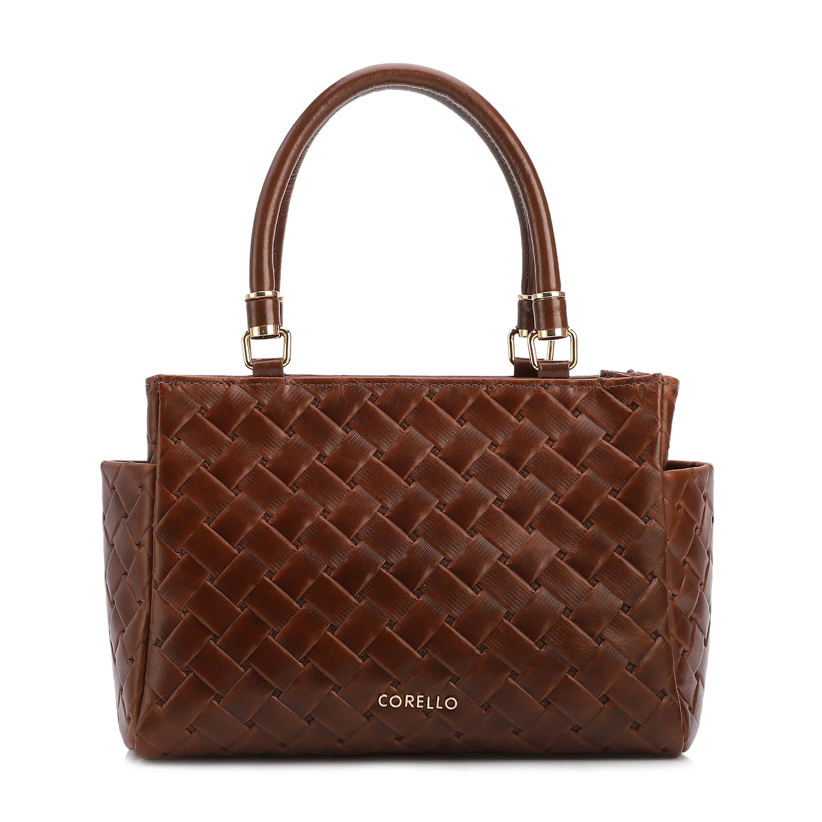 Bolsa De Mão Média Couro Textura Tressê Marrom Bolso Lateral